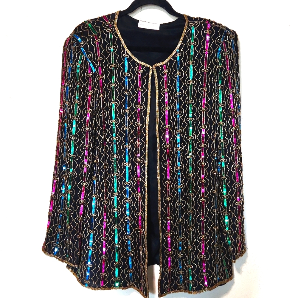 Vintage 80's Tiffany's Closet 100% Silk Sequin Beaded Formal Jacket Size 1X